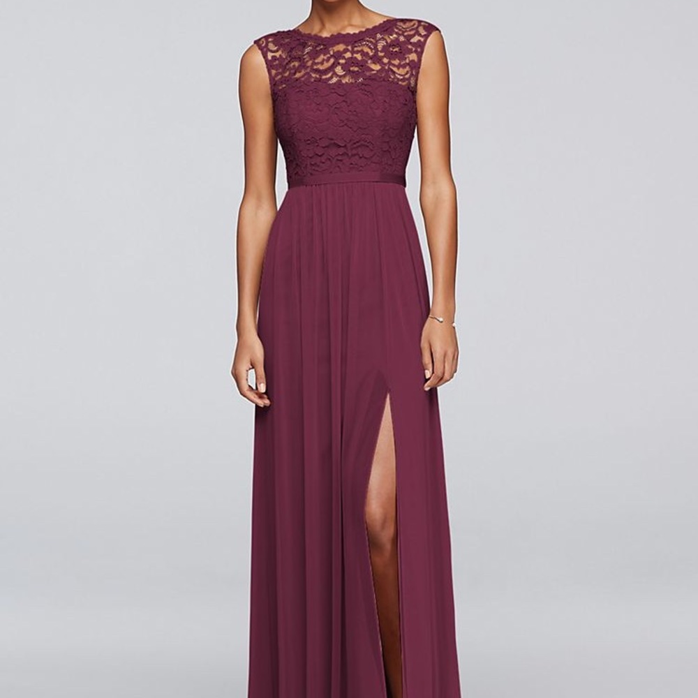 Long Evening Dress with Lace Bodice & Slit